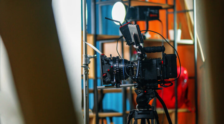 A professional camera on a tripod