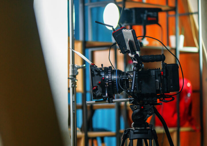 A professional camera on a tripod